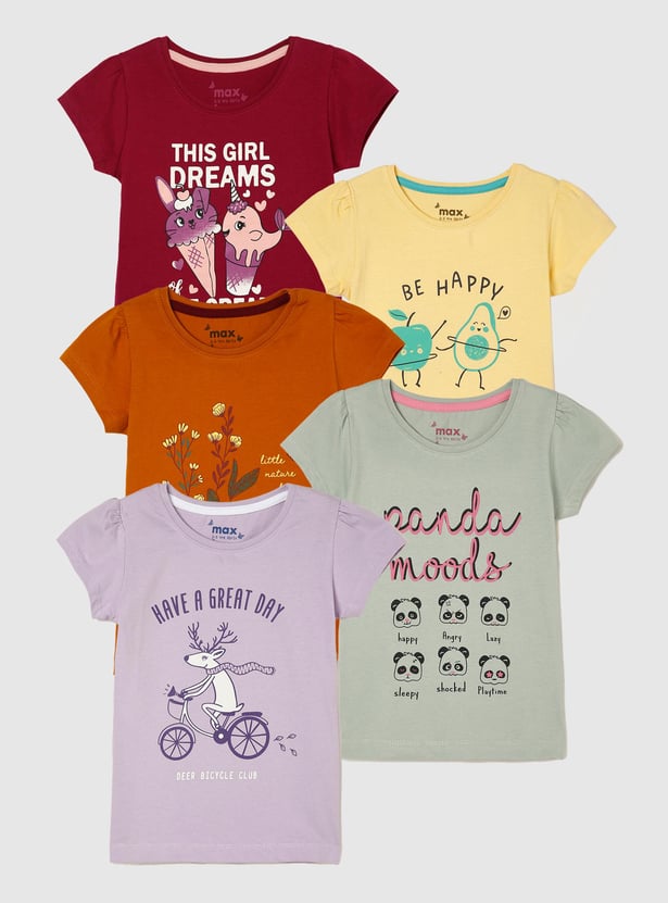 Girls Printed Round Neck T-shirt- Pack Of 5