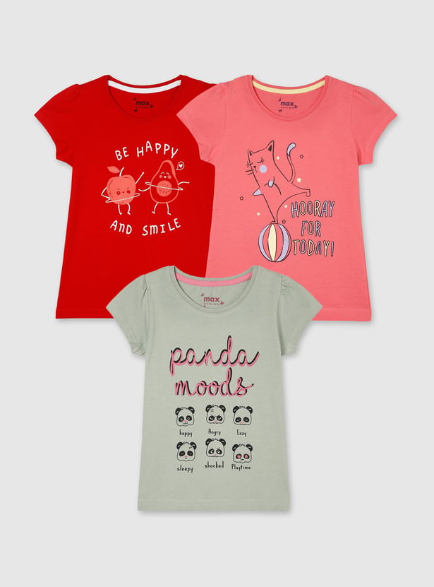 Girls Printed Round Neck T-shirt - Pack of 3