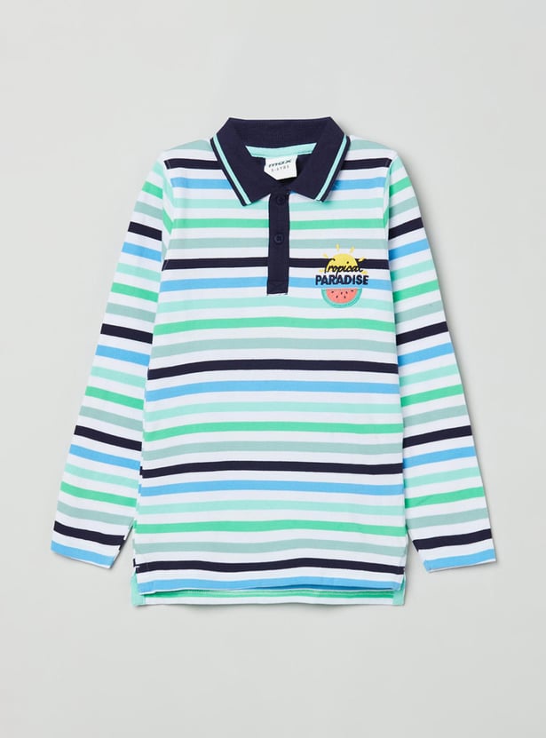 Boys Striped Full Sleeves Polo T-shirt