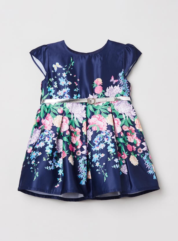 Girls Printed A-Line Dress With Belt