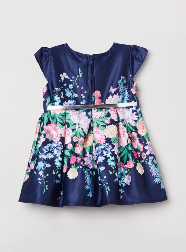 Girls Printed A-Line Dress With Belt