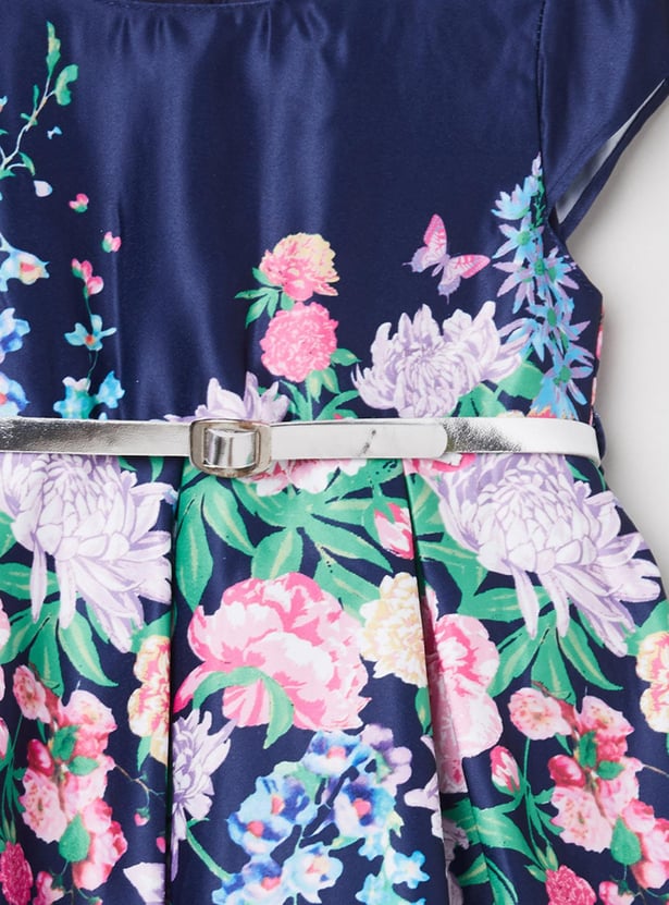Girls Printed A-Line Dress With Belt