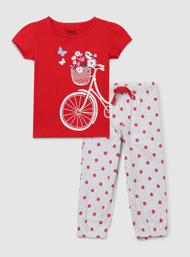 Girls Printed Round Neck T-shirt with Pyjamas