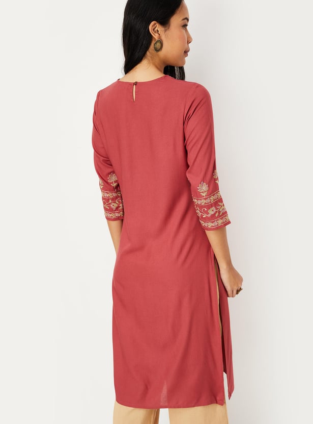 Women Cotton Embroidered Round Neck Straight Kurta