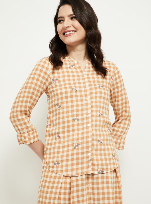 Women Checked Band Collar Top