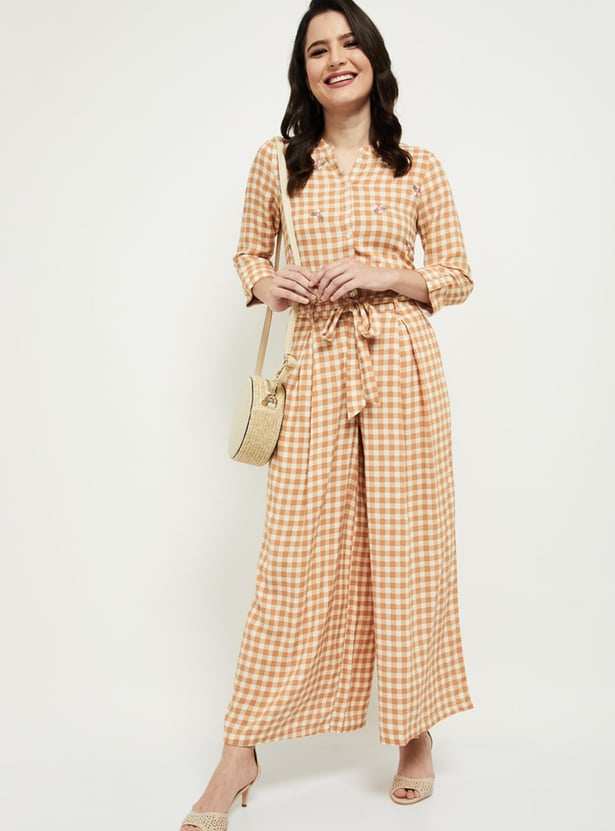 Women Checked Band Collar Top
