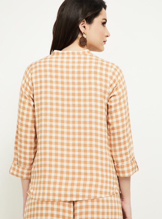 Women Checked Band Collar Top