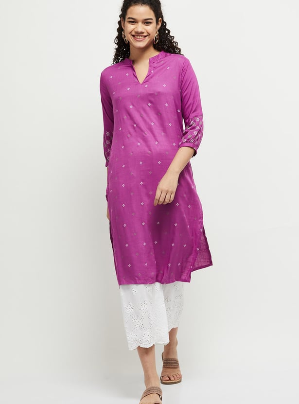 Women Cotton Printed Band Collar Kurta