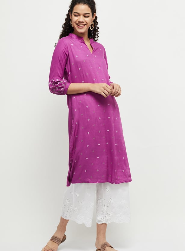 Women Cotton Printed Band Collar Kurta