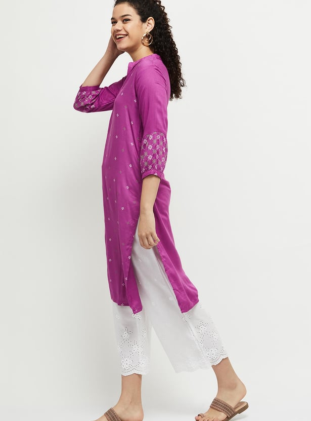Women Cotton Printed Band Collar Kurta