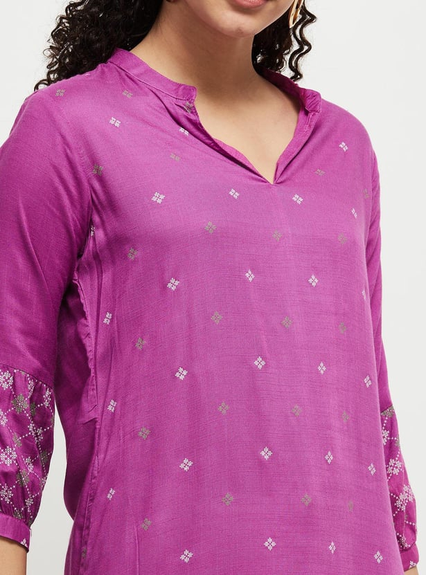 Women Cotton Printed Band Collar Kurta