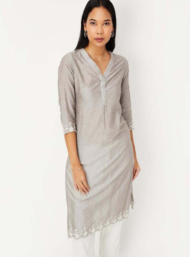 Women Cotton Embroidered Straight Kurta 