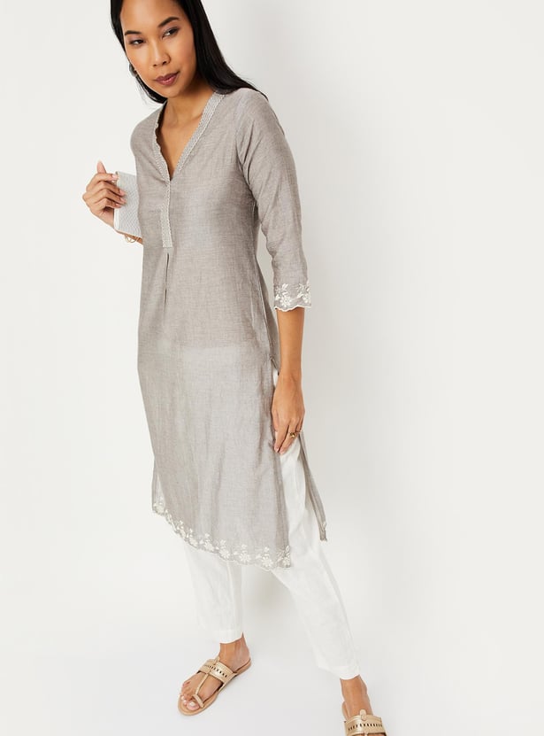 Women Cotton Embroidered Straight Kurta 