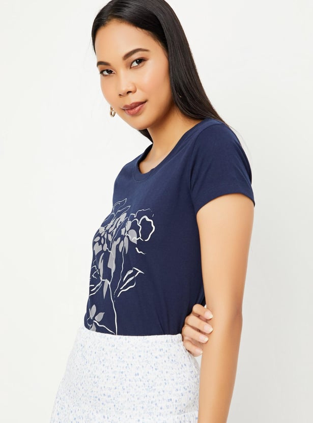 Women Cotton Printed Round Neck T-shirt