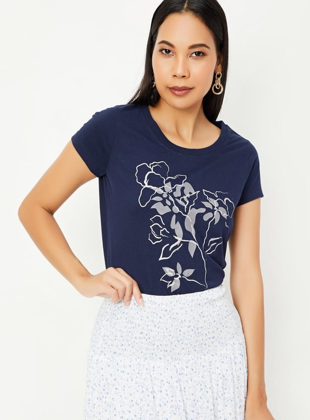 Women Cotton Printed Round Neck T-shirt