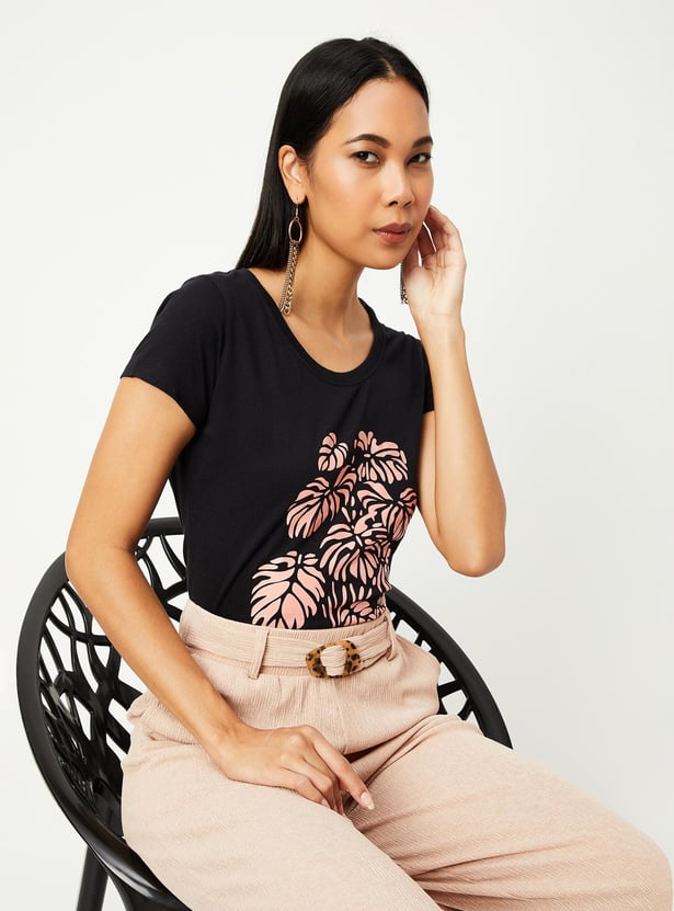 Women Cotton Printed Round Neck T-shirt