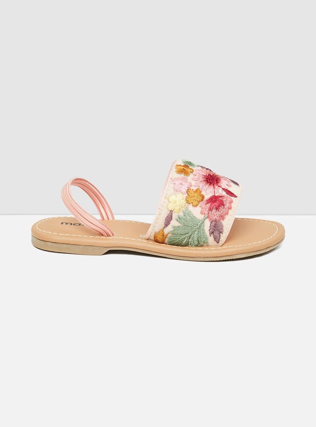 Girls Floral Embroidered Open Front Sandals