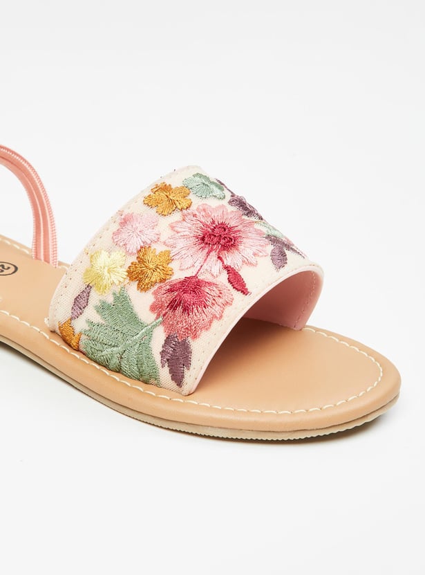 Girls Floral Embroidered Open Front Sandals