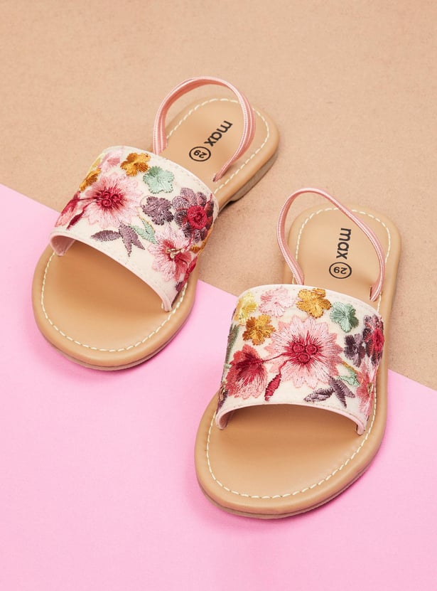 Girls Floral Embroidered Open Front Sandals