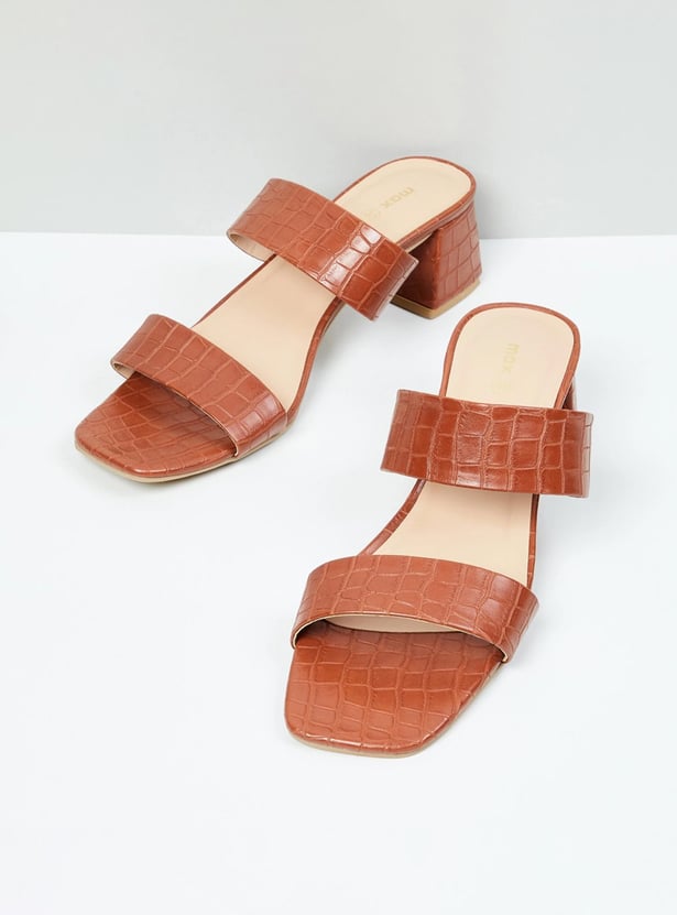 Women Textured Two-Strap Heel Sandals