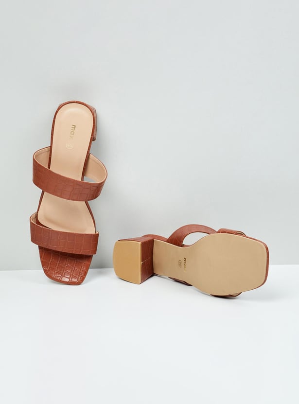 Women Textured Two-Strap Heel Sandals