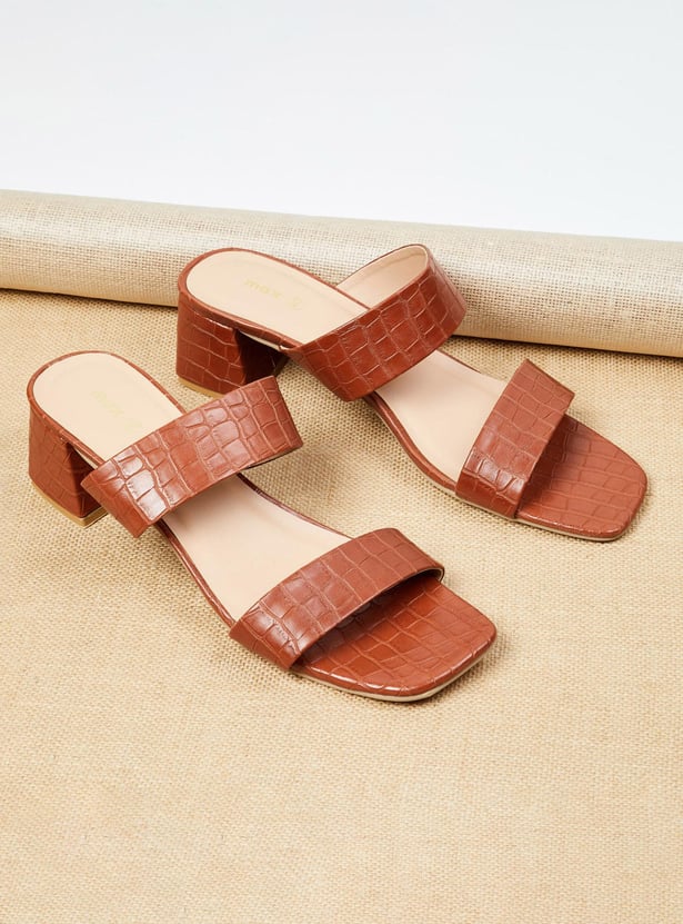 Women Textured Two-Strap Heel Sandals