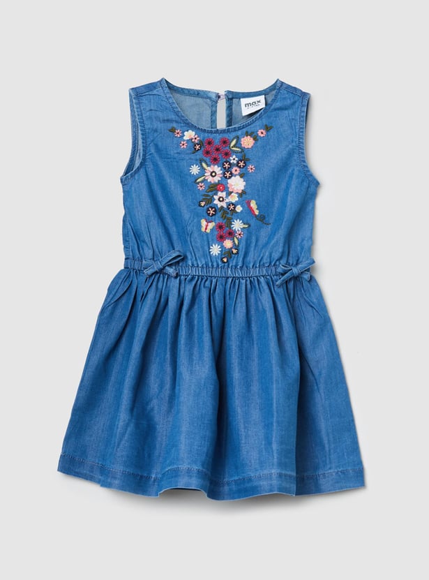 Girls Floral Embroidered Denim Dress