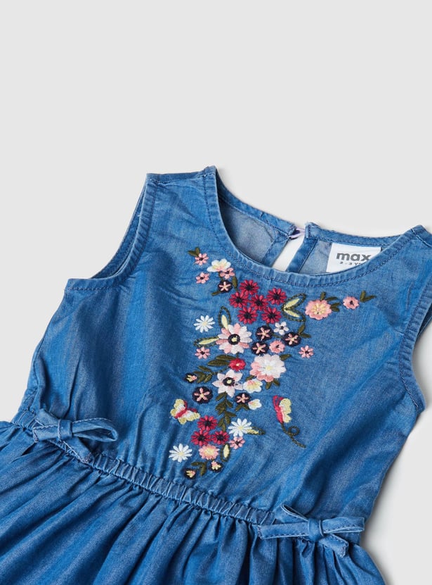 Girls Floral Embroidered Denim Dress