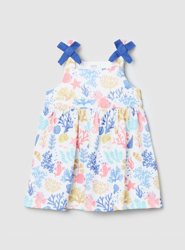 Girls Printed Sleeveles Fit and Flare Dress with Bow Details