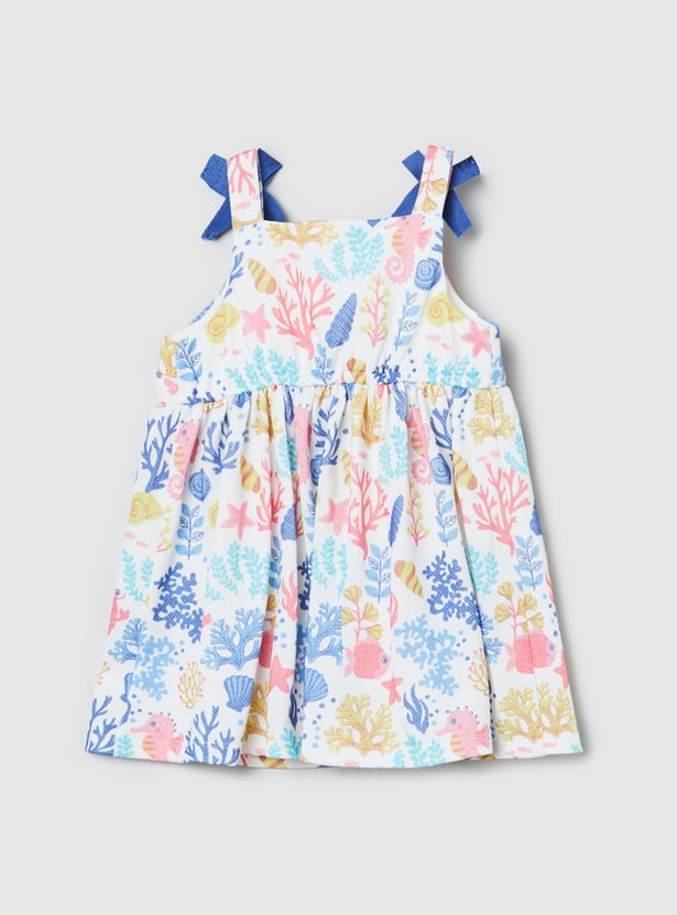 Girls Printed Sleeveles Fit and Flare Dress with Bow Details