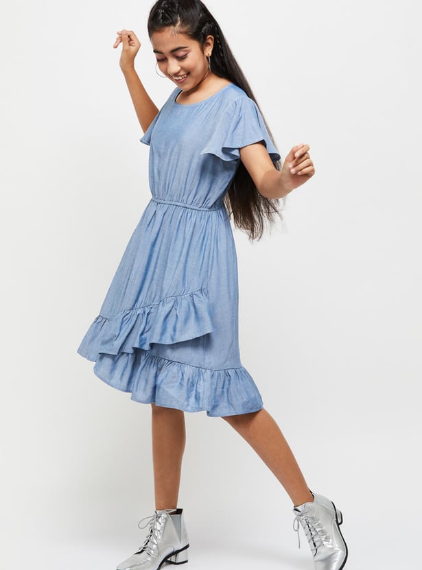 Girls Blue Solid Fit and Flare Dress