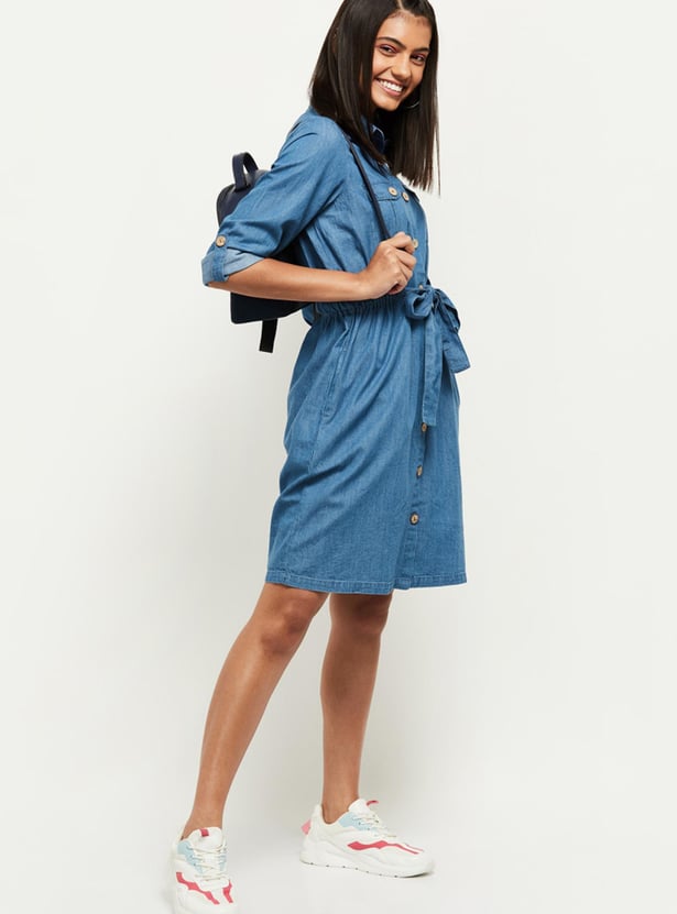 Buy Women Solid Denim Shirt Dress Online at just Rs. 1299.0