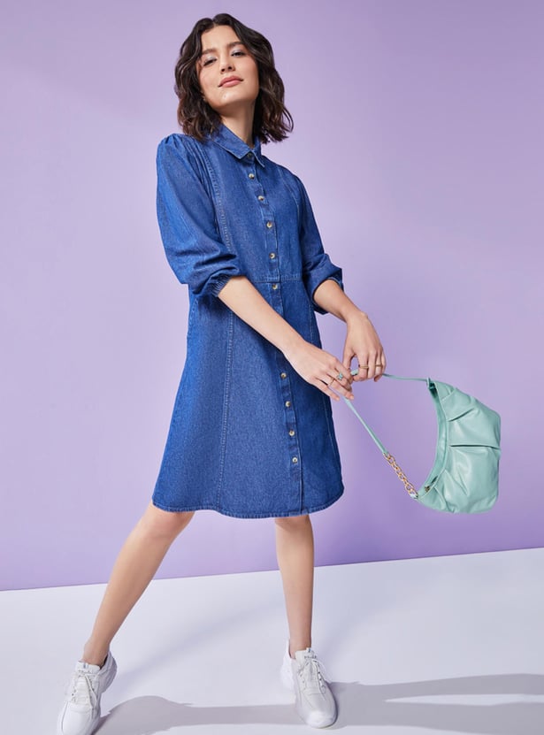Buy Women Medium Washed Denim Shirt Dress Online at just Rs