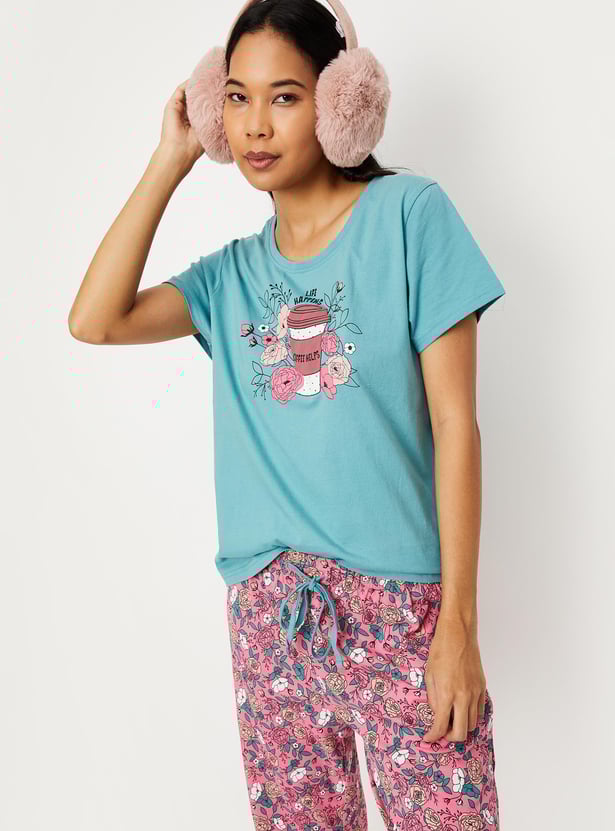 Women Cotton Printed T-shirt with Pyjamas