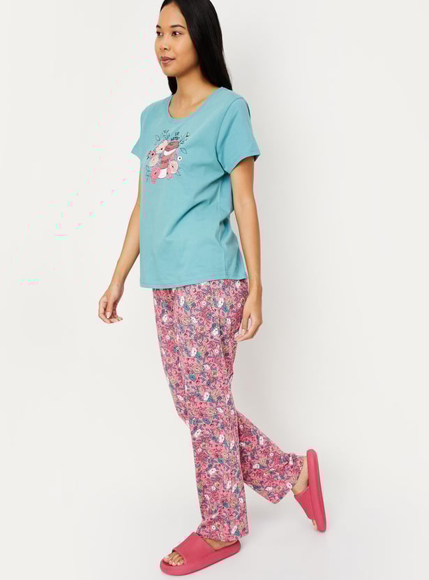 Women Cotton Printed T-shirt with Pyjamas