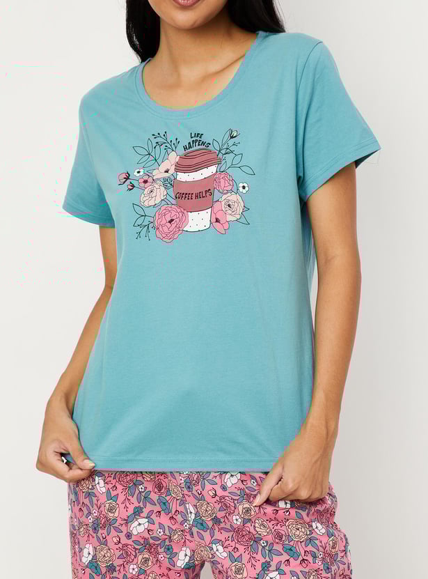 Women Cotton Printed T-shirt with Pyjamas