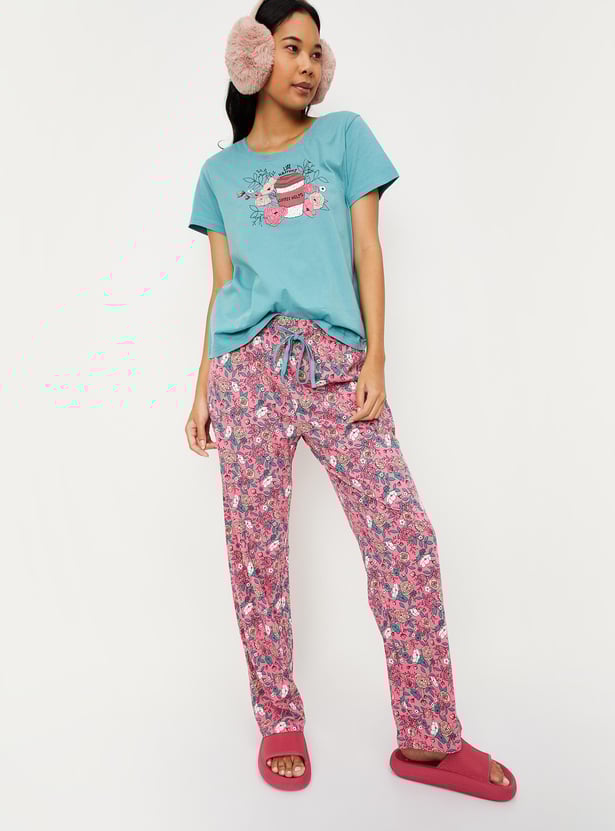Women Cotton Printed T-shirt with Pyjamas
