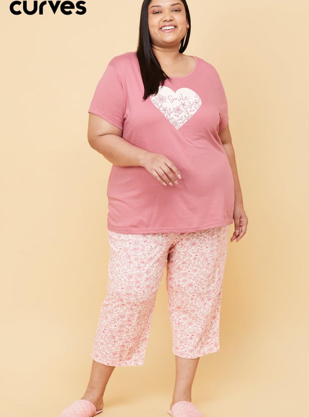 Women Cotton Printed Lounge T-shirt with Capris