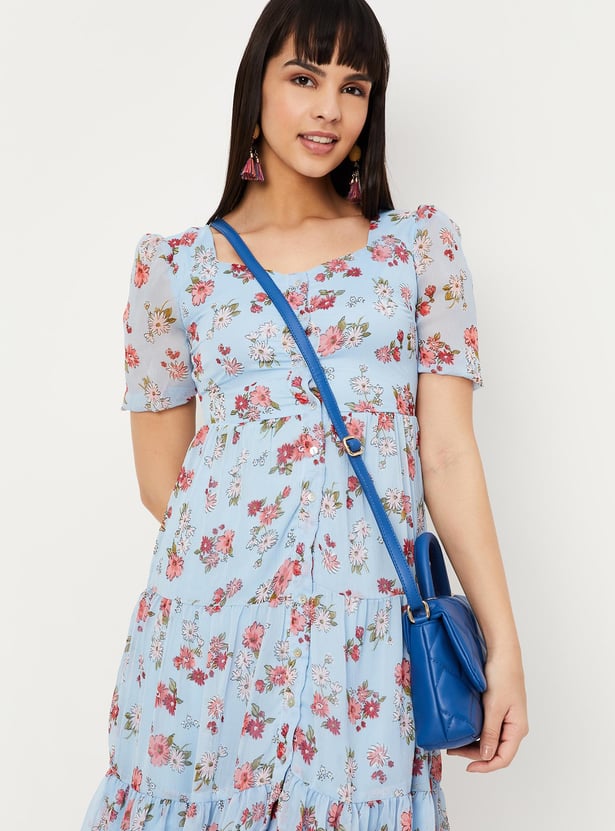 Women Floral Print Sweetheart Neck A-Line Dress
