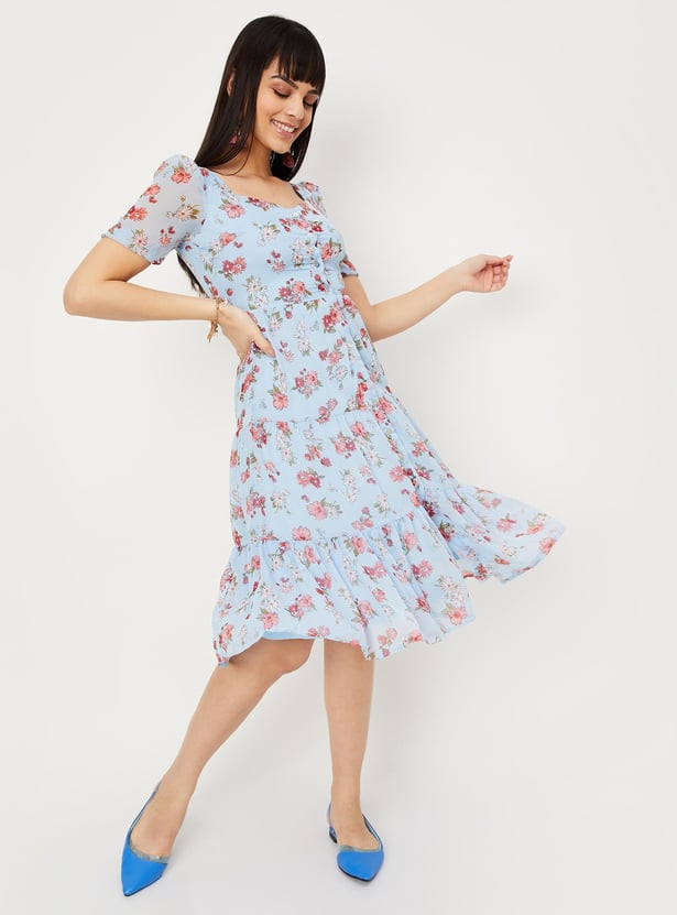 Women Floral Print Sweetheart Neck A-Line Dress