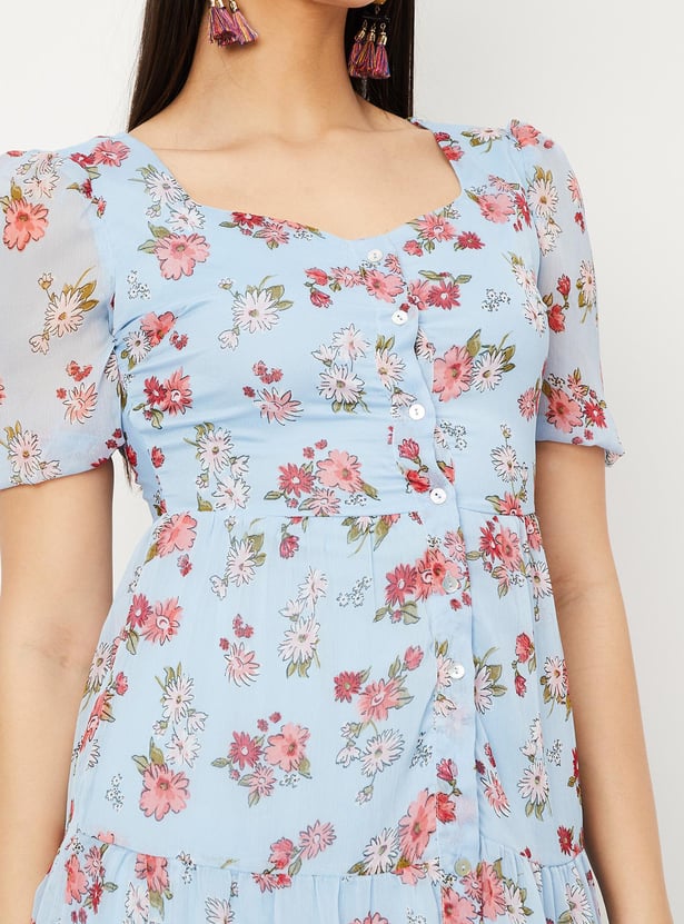 Women Floral Print Sweetheart Neck A-Line Dress