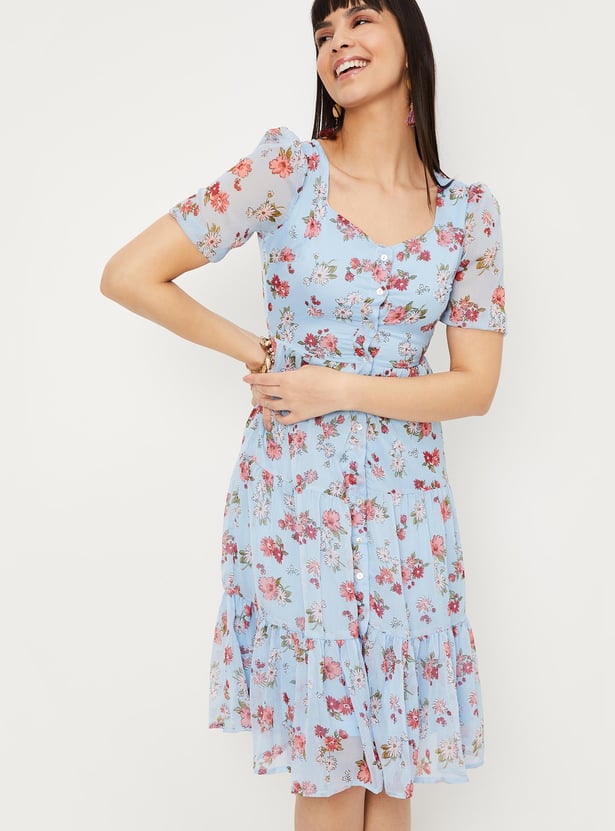 Women Floral Print Sweetheart Neck A-Line Dress