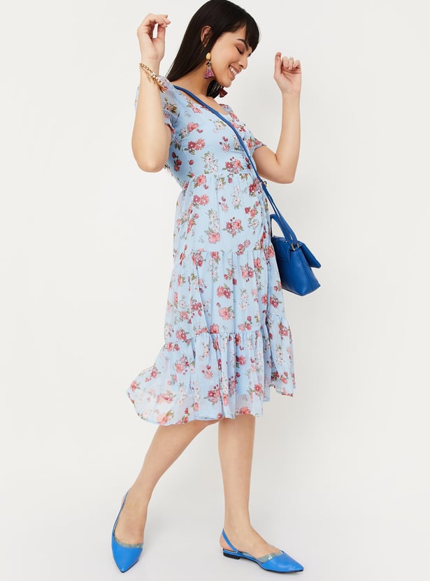 Women Floral Print Sweetheart Neck A-Line Dress