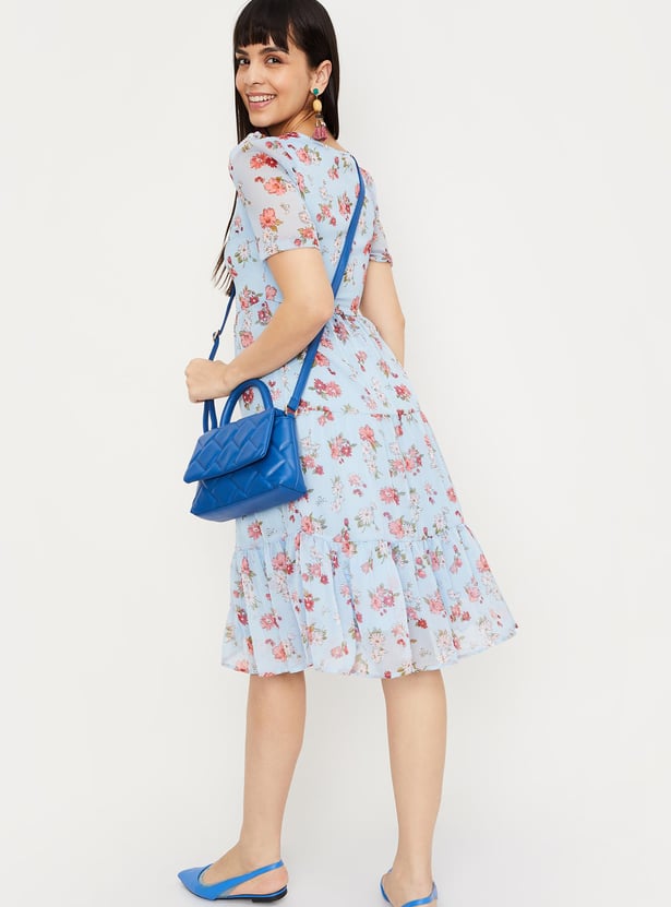 Women Floral Print Sweetheart Neck A-Line Dress