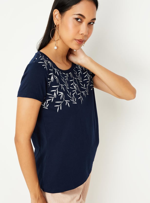 Women Cotton Printed Round Neck T-shirt