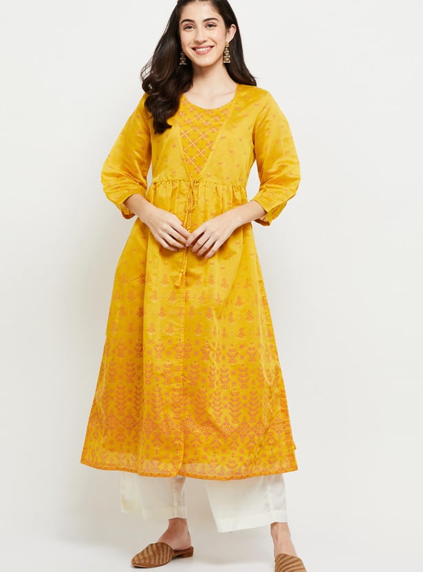 Women Ikat Printed Kurta with Tie-Up Shrug