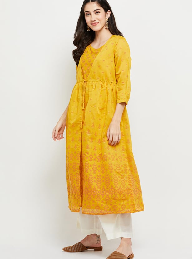 Women Ikat Printed Kurta with Tie-Up Shrug