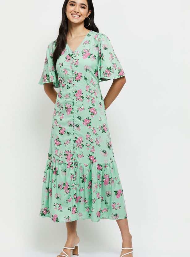 Women Printed Ruffled Sleeve A-line Dress