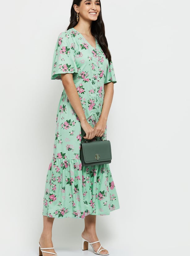 Women Printed Ruffled Sleeve A-line Dress