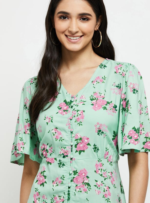 Women Printed Ruffled Sleeve A-line Dress